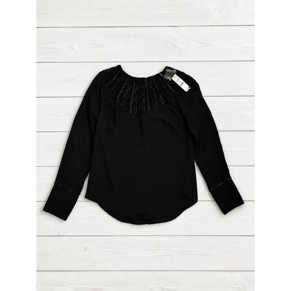 White House Black Market NWT Sequin Beaded Blouse Black Size 4 Long Sleeve Top
